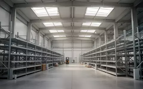 Leere Regalgänge in einer modernen Lagerhalle mit einfallendem Tageslicht. - Foto: über boerse-global.de