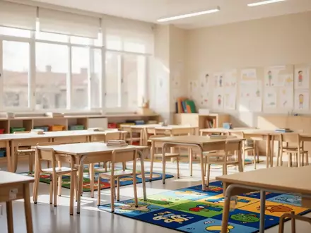 Ein helles, modern gestaltetes Klassenzimmer in einer Schule mit Tageslicht und pädagogischen Lernmaterialien. - Foto: über boerse-global.de