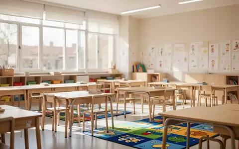 Ein helles, modern gestaltetes Klassenzimmer in einer Schule mit Tageslicht und pädagogischen Lernmaterialien. - Foto: über boerse-global.de