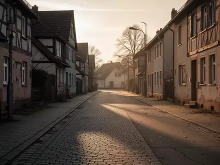Eine leere, ruhige Wohnstraße in einer deutschen Kleinstadt bei Dämmerlicht mit langen Schatten auf dem Gehweg. - Foto: über boerse-global.de