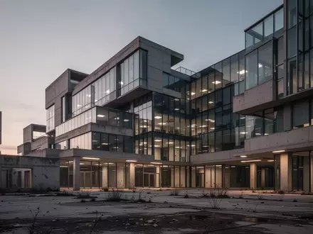 Ein modernes Bürogebäude mit geometrischen Glas- und Betonstrukturen in der Abenddämmerung. - Foto: über boerse-global.de