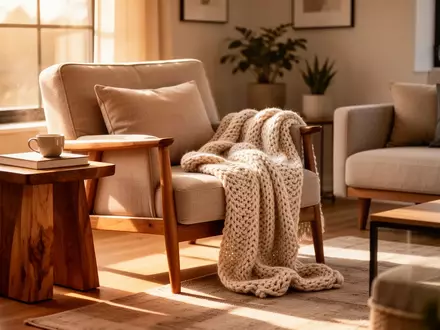 Ein sonnendurchflutetes, gemütliches Wohnzimmer mit einem bequemen Sessel und einer weichen Decke als Symbol für häusliche Pflege. - Foto: über boerse-global.de