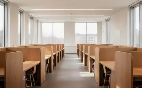Leerer, moderner Lernraum in einer Bibliothek mit hölzernen Schreibtischen und hellem Tageslicht. - Foto: über boerse-global.de
