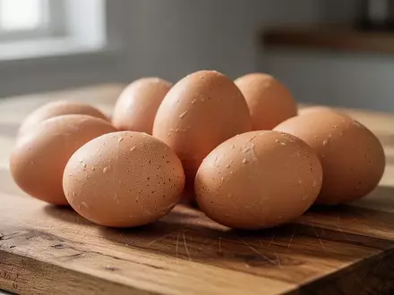Mehrere rohe Eier auf einer rustikalen Holzarbeitsplatte in einer Küche, beleuchtet durch natürliches Licht. - Foto: über boerse-global.de