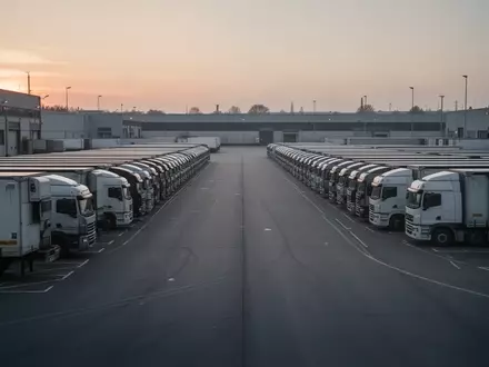 Leeres Logistikzentrum mit geparkten Lastkraftwagen auf einem weitläufigen Betriebshof in der Abenddämmerung. - Foto: über boerse-global.de