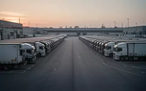 Leeres Logistikzentrum mit geparkten Lastkraftwagen auf einem weitläufigen Betriebshof in der Abenddämmerung. - Foto: über boerse-global.de
