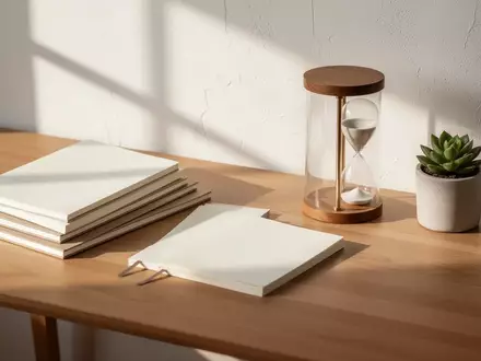 Ein minimalistischer Arbeitsplatz mit einem Holztisch, Notizbüchern, einer Sanduhr und einer kleinen Pflanze. - Foto: über boerse-global.de