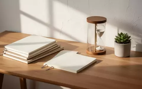 Ein minimalistischer Arbeitsplatz mit einem Holztisch, Notizbüchern, einer Sanduhr und einer kleinen Pflanze. - Foto: über boerse-global.de