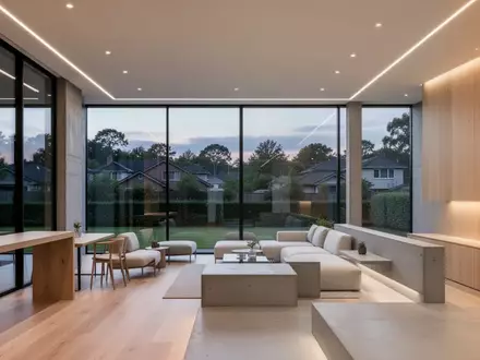 Ein minimalistisch gestalteter Wohnbereich mit großen Fenstern und Blick auf eine ruhige, begrünte Umgebung bei Dämmerung. - Foto: über boerse-global.de