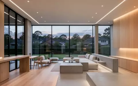 Ein minimalistisch gestalteter Wohnbereich mit groĂen Fenstern und Blick auf eine ruhige, begrĂŒnte Umgebung bei DĂ€mmerung. - Foto: ĂŒber boerse-global.de