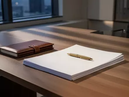 Ein minimalistischer, leerer Schreibtisch mit einem Notizbuch und Stift in einem modernen Büro bei Dämmerlicht. - Foto: über boerse-global.de