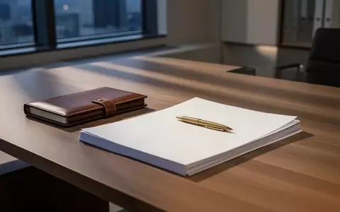 Ein minimalistischer, leerer Schreibtisch mit einem Notizbuch und Stift in einem modernen Büro bei Dämmerlicht. - Foto: über boerse-global.de