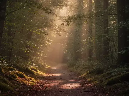Ein ruhiger Waldweg in goldenem Licht, der eine friedliche und entspannte Atmosphäre vermittelt. - Foto: über boerse-global.de