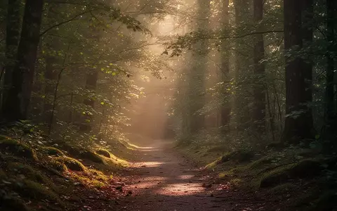 Ein ruhiger Waldweg in goldenem Licht, der eine friedliche und entspannte Atmosphäre vermittelt. - Foto: über boerse-global.de