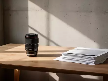 Ein minimalistischer Arbeitsbereich mit einem Kameraobjektiv und leeren Fotoabzügen in natürlichem Licht. - Foto: über boerse-global.de