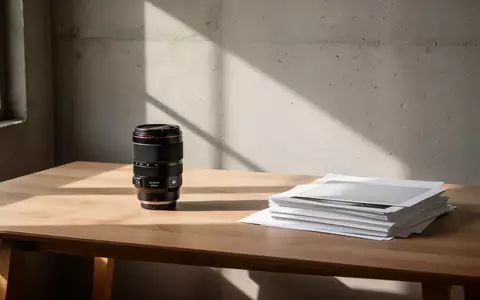 Ein minimalistischer Arbeitsbereich mit einem Kameraobjektiv und leeren Fotoabzügen in natürlichem Licht. - Foto: über boerse-global.de