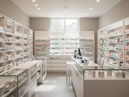 Innenansicht einer modernen, hellen Apotheke mit minimalistischen Regalen und Glasvitrinen bei Tageslicht. - Foto: über boerse-global.de