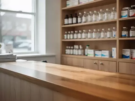 Innenansicht einer hellen, aufgeräumten Apotheke mit Fokus auf eine leere Theke in natürlichem Licht. - Foto: über boerse-global.de
