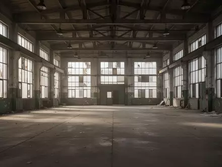 Leere, verlassene Industriehalle mit Betonboden und einfallendem Tageslicht. - Foto: über boerse-global.de