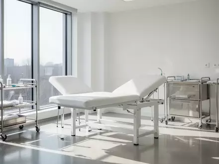 Ein heller, minimalistischer Behandlungsraum in einer orthopädischen Klinik mit einer Behandlungsliege und Tageslicht. - Foto: über boerse-global.de
