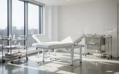 Ein heller, minimalistischer Behandlungsraum in einer orthopädischen Klinik mit einer Behandlungsliege und Tageslicht. - Foto: über boerse-global.de