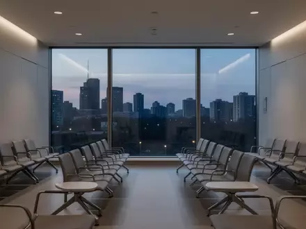 Ein minimalistischer, unbesetzter Wartebereich in einer medizinischen Einrichtung mit Blick auf eine abendliche Stadt. - Foto: über boerse-global.de