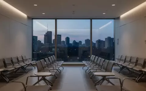 Ein minimalistischer, unbesetzter Wartebereich in einer medizinischen Einrichtung mit Blick auf eine abendliche Stadt. - Foto: über boerse-global.de