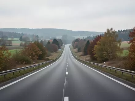 Eine leere Landstraße führt durch eine hügelige Herbstlandschaft unter einem bewölkten Himmel. - Foto: über boerse-global.de