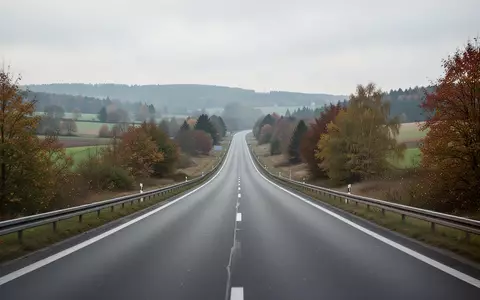 Eine leere Landstraße führt durch eine hügelige Herbstlandschaft unter einem bewölkten Himmel. - Foto: über boerse-global.de