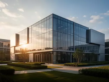 Ein modernes, minimalistisches Firmengebäude mit klaren Glas- und Stahlfassaden im goldenen Licht der Nachmittagssonne. - Foto: über boerse-global.de