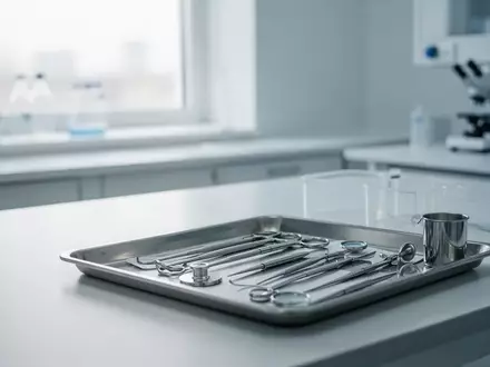 Steriler, minimalistischer klinischer Behandlungsraum mit medizinischen Instrumenten auf einer Ablage. - Foto: über boerse-global.de