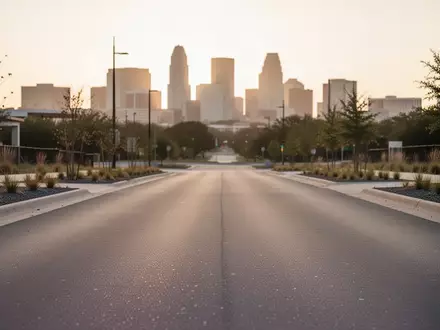 Eine leere, moderne Asphaltstraße in Austin, Texas, bei Sonnenuntergang ohne Fahrzeuge oder Personen. - Foto: über boerse-global.de
