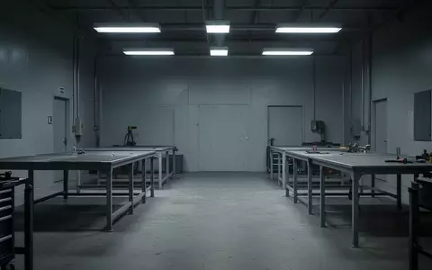 Ein steriler, leerer Arbeitsbereich in einer Reparaturwerkstatt mit kühler Beleuchtung und minimalistischer Architektur. - Foto: über boerse-global.de