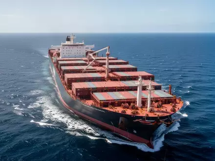 Ein großes Frachtschiff auf offener See bei hellem Tageslicht. - Foto: über boerse-global.de