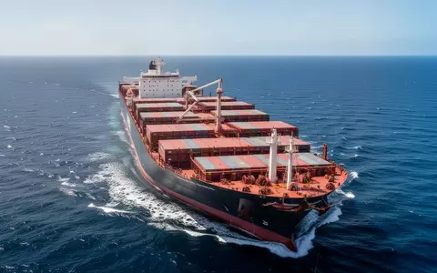 Ein großes Frachtschiff auf offener See bei hellem Tageslicht. - Foto: über boerse-global.de