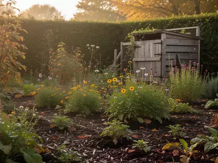 Ein naturnaher Garten im Herbst mit blühenden Stauden und organischem Mulch bei warmem Sonnenlicht. - Foto: über boerse-global.de