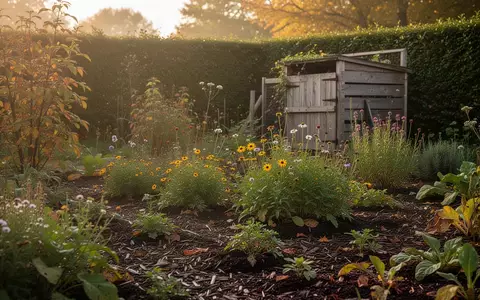 Ein naturnaher Garten im Herbst mit blühenden Stauden und organischem Mulch bei warmem Sonnenlicht. - Foto: über boerse-global.de