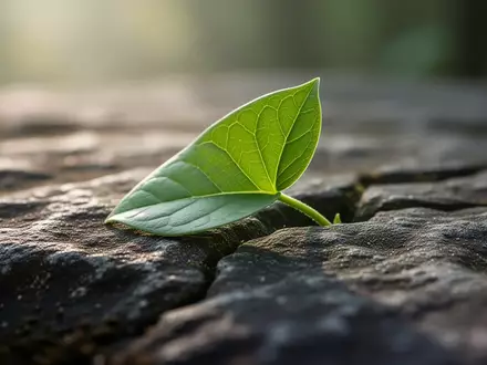 Ein junges, grünes Blatt, das aus einer rauen Steinoberfläche wächst, als Symbol für biologische Regeneration. - Foto: über boerse-global.de