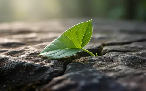Ein junges, grünes Blatt, das aus einer rauen Steinoberfläche wächst, als Symbol für biologische Regeneration. - Foto: über boerse-global.de