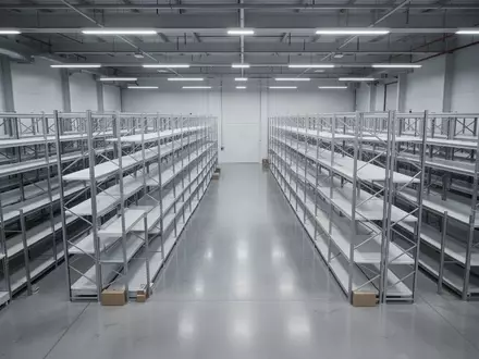 Ein minimalistisches, modernes Logistik-Versandzentrum mit leeren Regalen in einer Lagerhalle. - Foto: über boerse-global.de