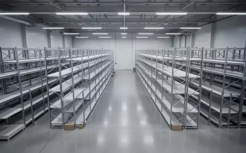Ein minimalistisches, modernes Logistik-Versandzentrum mit leeren Regalen in einer Lagerhalle. - Foto: über boerse-global.de