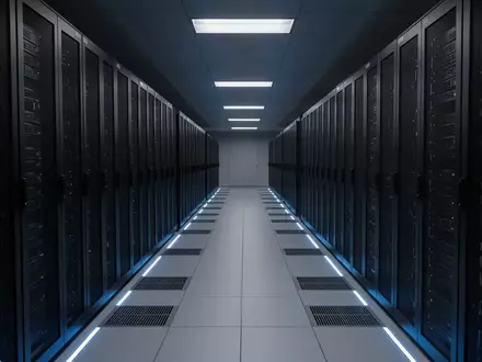Eine lange, minimalistisch gestaltete Serverraum-Reihe in kühlem, blauem Licht ohne Personen oder technische Anzeigen. - Foto: über boerse-global.de