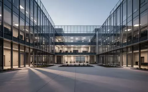 Ein minimalistisches, modernes Bürogebäude in der Abenddämmerung mit klaren Glas- und Stahlstrukturen. - Foto: über boerse-global.de