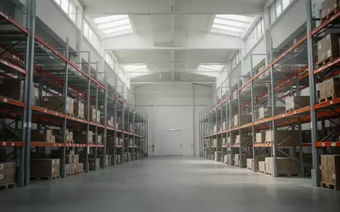 Ein minimalistisches, modernes Logistiklager mit leeren Industrieregalen und einfallendem Tageslicht. - Foto: über boerse-global.de