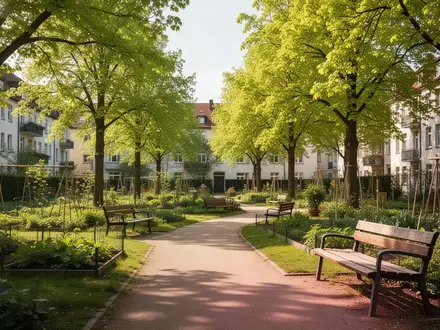 Ein sonniger, ruhiger Park mit Spazierwegen und Bänken in einer Kleinstadt, der eine Umgebung für Bewegung und Erholung bietet. - Foto: über boerse-global.de