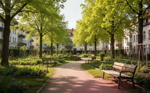 Ein sonniger, ruhiger Park mit Spazierwegen und Bänken in einer Kleinstadt, der eine Umgebung für Bewegung und Erholung bietet. - Foto: über boerse-global.de