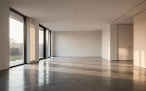Ein minimalistischer, moderner Innenraum mit poliertem Betonboden und hellem Tageslicht, das durch große Fenster fällt. - Foto: über boerse-global.de