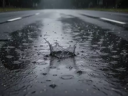 Regennasse Asphaltstraße bei starkem Niederschlag mit Fokus auf die Textur der Fahrbahn - Foto: über boerse-global.de