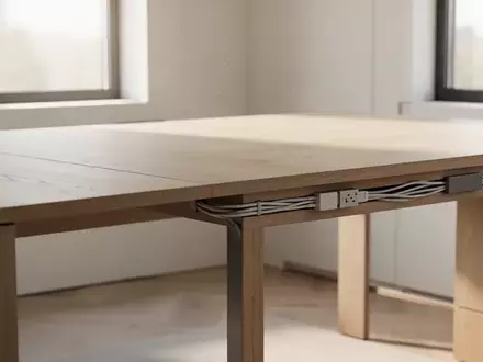 Ein minimalistisch gestalteter, aufgeräumter Arbeitsplatz mit einem leeren Schreibtisch in einem hellen, sonnendurchfluteten Raum. - Foto: über boerse-global.de