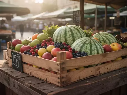 Holzkiste mit frischem saisonalem Obst und Gemüse auf einem leeren Marktstand bei Tageslicht. - Foto: über boerse-global.de